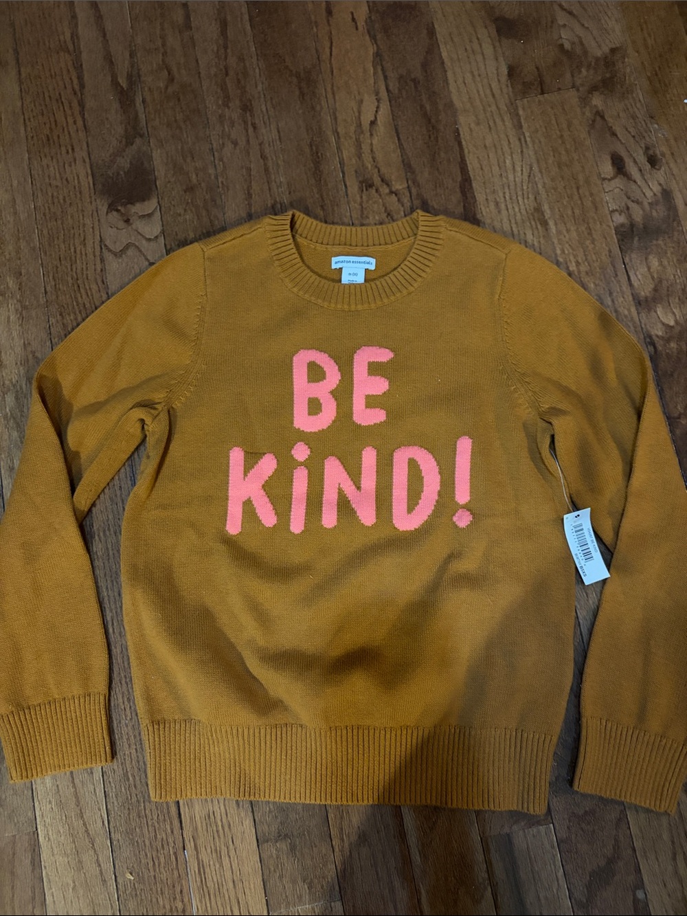 Amazon Essentials Mustard Crewneck Sweater with Pink "BE KIND" Graphic